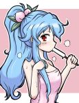  1girl after_shower alternate_hairstyle blue_hair eruru_(erl) food fruit hair_ornament hand_in_hair highres hinanawi_tenshi long_hair looking_at_viewer naked_towel peach pink_background ponytail popsicle red_eyes solo spilling sweat tongue tongue_out touhou towel 