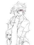  .flow 1boy 1girl bandages brother_and_sister hammer looking_at_viewer monochrome salvatore_piko siblings sister_(.flow) size_difference sketch smile_(.flow) tattoo 