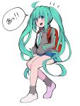  1girl ahoge aqua_eyes aqua_hair backpack bag blush casual hands_in_pockets hatsune_miku highres long_hair mayuri_kaichou necktie shoes shorts sneakers track_jacket twintails vocaloid 