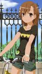  bicycle brown_eyes brown_hair casual gekota hair_ornament hairpin highres misaka_mikoto shorts to_aru_kagaku_no_railgun to_aru_majutsu_no_index yugioh007 