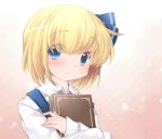  1girl alice_margatroid alice_margatroid_(pc-98) blonde_hair blue_eyes blush book book_hug bust commentary_request gradient gradient_background grimoire hair_ribbon hammer_(sunset_beach) holding holding_book long_sleeves looking_at_viewer ribbon shirt short_hair smile solo suspenders touhou touhou_(pc-98) 