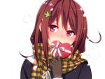  1girl blush bow box brown_gloves brown_hair ear_blush embarrassed full-face_blush gift gift_box ginichi_(toot08) gloves holding mole original pink_eyes plaid plaid_scarf portrait ribbon scarf simple_background solo valentine white_background 