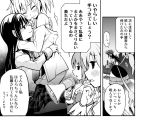  akemi_homura anger_vein blush bow cape comic flower hair_bow homulilly imagining kaname_madoka mahou_shoujo_madoka_magica mahou_shoujo_madoka_magica_movie maitake megaphone miki_sayaka monochrome pantyhose school_uniform short_hair short_twintails spoilers thighhighs translation_request twintails yuri 