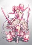  1girl boots double-blade dress original pink_hair solo sword terong twintails weapon 