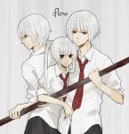  .flow 1girl 2boys blood bob_cut height_difference hug kaibutsu lead_pipe looking_at_viewer multiple_boys necktie red_eyes school_uniform short_sleeves smile twintails white_hair 