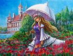  blonde_hair breasts clock clock_tower dress flower frills hair_ribbon hat hat_ribbon lake large_breasts lips long_hair mansion mob_cap oil_painting_(medium) parasol ribbon scarlet_devil_mansion solo spider_lily tabard tafuto touhou tower traditional_media tree tress_ribbon umbrella very_long_hair yakumo_yukari yellow_eyes 