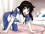  barefoot bed black_hair blue_eyes breasts cleavage happy michael os pajamas xp 