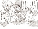  4girls akatsuki_(kantai_collection) closed_eyes fang folded_ponytail hair_ornament hairclip hat hibiki_(kantai_collection) ikazuchi_(kantai_collection) inazuma_(kantai_collection) kantai_collection lap_pillow long_hair monochrome multiple_girls musouzuki open_mouth pantyhose personification short_hair sitting sleeping smile translated wariza 