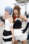   ayanami_rei blue_hair chains collar corset cosplay elbow_gloves garters hairpods lace mayuya_maru neon_genesis_evangelion onamae_kakuninchuu photo red_eyes souryuu_asuka_langley twintails  