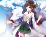  1girl bare_shoulders black_legwear blue_eyes blue_sky brown_hair cannon clouds detached_sleeves hairband headgear hiei_(kantai_collection) japanese_clothes kantai_collection nontraditional_miko open_mouth personification short_hair skirt sky smile solo thighhighs togata turret 