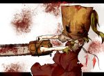  1girl bag_over_head blonde_hair blood bloody_clothes chainsaw flandre_scarlet gaius_(nikoniko2) glowing glowing_eyes letterboxed looking_at_viewer red_eyes resident_evil resident_evil_4 shirt side_ponytail skirt skirt_set solo torn_clothes torn_shirt torn_skirt torn_vest touhou vest wings 