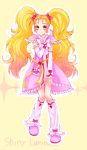  1girl blonde_hair character_name dress earrings futari_wa_precure futari_wa_precure_max_heart green_eyes heart highres jewelry kujou_hikari long_hair magical_girl mikan_(mikataaaa) precure ribbon shiny_luminous twintails 