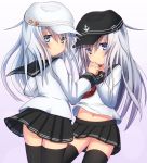  2girls black_legwear blue_eyes dual_persona hammer_and_sickle hat hibiki_(kantai_collection) hionhk kantai_collection long_hair looking_at_viewer multiple_girls neckerchief personification school_uniform serafuku silver_hair skirt star thighhighs verniy_(kantai_collection) 