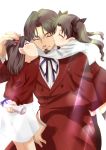  1boy 2girls blush brown_hair cheek_kiss child facial_hair family fate/zero fate_(series) formal goatee kiss matou_sakura multiple_girls short_twintails suit tohsaka_rin toosaka_rin toosaka_tokiomi twintails velvelumpileuspil young 