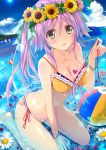 1girl arm_support ball beachball bikini blush bracelet breasts cleavage clouds flower frilled_bikini frills front-tie_top hair_flower hair_ornament jewelry long_hair navel o-ring_top ocean original parted_lips partially_submerged polka_dot polka_dot_swimsuit purple_hair shiny shiny_skin side-tie_bikini sitting sky solo sunflower swimsuit swimsuit_under_swimsuit takanashi_haruto wariza water wreath yellow_eyes 