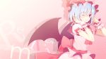  1girl 6u_(eternal_land) ascot bat_wings blue_hair blush bow hat highres looking_at_viewer open_mouth red_eyes remilia_scarlet ribbon short_hair smile solo touhou wings wink 
