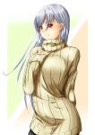  1girl arm_behind_back highres mole niwatazumi original pantyhose red_eyes ribbed_sweater silver_hair smile solo sweater 