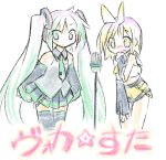  crossover ein_(artist) ein_(long_cake) hatsune_miku hatsune_miku_(cosplay) headphones hiiragi_kagami hiiragi_tsukasa kagamine_rin kagamine_rin_(cosplay) long_hair lucky_star microphone microphone_stand thighhighs translation_request twintails very_long_hair vocaloid 