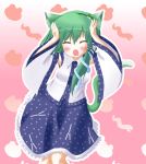  animal_ears blush caramelldansen cat_ears closed_eyes detached_sleeves green_hair hiiragi_yuu kemonomimi_mode kochiya_sanae long_hair open_mouth solo tail touhou 