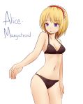  1girl alice_margatroid bare_shoulders black_bra black_panties blonde_hair blue_eyes bra character_name clenched_hands hairband miyo_(ranthath) multicolored_eyes navel open_mouth panties solo touhou underwear underwear_only violet_eyes 