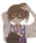  1girl armor arms_up backlighting brown_eyes brown_hair bust hiro_(hirohiro31) japanese_clothes kaga_(kantai_collection) kantai_collection mouth_hold ponytail ribbon_in_mouth solo tying_hair wide_sleeves 