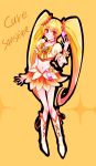  1girl blonde_hair boots character_name cure_sunshine hair_ribbon heart heartcatch_precure! highres knee_boots long_hair magical_girl midriff mikan_(mikataaaa) myoudouin_itsuki navel orange_background precure ribbon skirt smile solo twintails wrist_cuffs yellow_eyes 