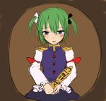  1girl alternate_hairstyle blue_eyes bust green_hair hair_ribbon miyo_(ranthath) no_hat open_mouth ribbon ritual_baton shikieiki_yamaxanadu short_hair skirt solo touhou twintails 