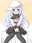  1girl :&gt; :&lt; akatsuki_(kantai_collection) blue_eyes character_doll hammer_and_sickle hat hibiki_(kantai_collection) kantai_collection musouzuki neckerchief outstretched_arm pantyhose personification silver_hair sitting sitting_on_bed skirt solo star verniy_(kantai_collection) 