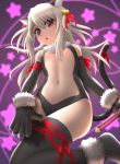  1girl animal_ears bare_shoulders blush cat_ears cat_tail center_opening fate/kaleid_liner_prisma_illya fate_(series) highres illyasviel_von_einzbern long_hair magical_girl paws prisma_illya red_eyes siraha solo tail thighhighs white_hair 