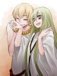  2boys blonde_hair bracelet closed_eyes enkidu_(fate/strange_fake) fate/strange_fake fate_(series) gilgamesh green_hair holding_hands jewelry kalanchoe_xxxx long_hair multiple_boys necklace open_mouth smile trap violet_eyes 