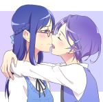  2girls arms_around_neck blue_hair blush braid bust closed_eyes couple dokidoki!_precure glasses half_updo hishikawa_rikka hug incipient_kiss kenzaki_makoto long_hair multiple_girls negom precure purple_hair short_hair simple_background yuri 