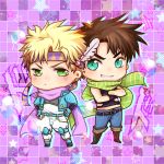  2boys blonde_hair blue_eyes blue_jacket brown_hair caesar_anthonio_zeppeli chibi doraka feathers green_eyes headband jacket jojo_no_kimyou_na_bouken joseph_joestar_(young) multiple_boys scarf 