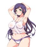  1girl armpits arms_up blush breasts cleavage large_breasts long_hair looking_at_viewer love_live!_school_idol_project moisture_(chichi) mound_of_venus navel open_mouth parted_lips purple_hair simple_background solo toujou_nozomi white_background 