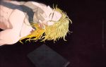  1boy abs blonde_hair book chinese diary dio_brando fingerless_gloves ghost gloves highres jojo_no_kimyou_na_bouken muscle shooting-star-on sleeping solo 