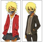  _myuto blonde_hair concept_art flat_chest green_eyes hand_in_pocket jacket lena_forst letterman_jacket lowres mask messy_hair missing_stars open_clothes open_jacket pants popped_collar shirt short_hair skirt striped 