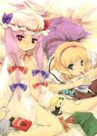  alice_margatroid barefoot bed blonde_hair blue_eyes book candy kfc multiple_girls open_clothes patchouli_knowledge pocky purple_eyes purple_hair touhou yuu_(kfc) 
