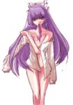  fujiwara_no_mokou long_hair mouth_hold open_clothes open_shirt purple_hair red_eyes sa_haru shirt touhou 