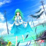  1girl absurdres bird blue_skirt blue_sky blush clouds cloudy_sky damaged detached_sleeves feathers frog_hair_ornament grass green_eyes green_hair hair_ornament hair_tubes highres horizon kochiya_sanae long_skirt metalwasabi open_mouth power_lines sign skirt skirt_lift sky sleeveless snake_hair_ornament touhou vest wading water wind 