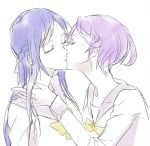  2girls blue_hair bust closed_eyes couple dokidoki!_precure hishikawa_rikka kenzaki_makoto kiss long_hair multiple_girls negom precure purple_hair school_uniform short_hair simple_background sketch white_background yuri 