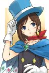  :o ace_attorney blue_eyes brown_hair cape earrings flat_chest gloves gyakuten_saiban hat jewelry michael naruhodou_minuki open_mouth short_hair single_earring solo trucy_wright 
