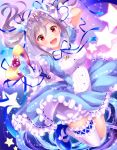  1girl aireenhp angel_wings blush crown frills gloves heart idolmaster idolmaster_cinderella_girls jewelry kanzaki_ranko necklace open_mouth puffy_sleeves red_eyes short_hair short_sleeves silver_hair solo star thigh-highs tiara twintails wand white_legwear wings 