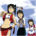  bandeau blush bracelet brown_eyes brown_hair cosplay dennou_coil densuke dog earrings fushigi_no_umi_no_nadia glasses hair_ornament hairband hairclip hashimoto_fumie highres jean_coq_de_raltigue jean_coq_de_raltigue_(cosplay) jean_roque_raltique jean_roque_raltique_(cosplay) jewelry kakki_(pixiv4742) kakkii loincloth marie_en_carlsberg marie_en_carlsberg_(cosplay) midriff nadia nadia_(cosplay) neck_ring necklace okonogi_yuuko short_hair sleeves_rolled_up suspenders tubetop twintails vest 