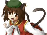  brown_eyes brown_hair cat_ears cat_tail chen earrings fang hat jewelry mio_(artist) mio_(rominuato) multiple_tails short_hair tail touhou 