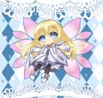  1girl blonde_hair blue_background blue_eyes blush checkered checkered_background chibi collet_brunel flower highres jewelry lace_background lace_border long_hair milkpanda pantyhose ring smile solo tales_of_(series) tales_of_symphonia wings 