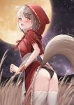  1girl :o animal_ears ass black_panties bow bowtie cowboy_shot dress dress_lift extra_ears floppy_ears fox_ears fox_girl fox_tail frilled_dress frills from_behind full_moon grey_hair highres hood leaning_forward looking_at_viewer looking_back moon night open_mouth original outdoors panties red_dress red_hood reinama short_hair short_sleeves solo standing tail thigh-highs thighs underwear white_legwear wristband yellow_eyes 