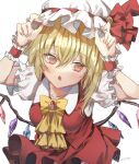  1girl :o arms_up ascot bangs blonde_hair blush bow breasts collarbone collared_shirt commentary_request crystal eyebrows_visible_through_hair eyelashes fang fingernails flandre_scarlet frilled_sleeves frills hair_between_eyes hat hat_ribbon highres medium_breasts mob_cap one_side_up open_mouth puffy_short_sleeves puffy_sleeves red_bow red_eyes red_ribbon red_skirt red_vest ribbon ruby_(gemstone) shiromoru_(yozakura_rety) shirt short_hair short_sleeves side_ponytail simple_background skin_fang skirt solo standing touhou upper_body vest white_background white_sleeves wing_collar wings wrist_cuffs yellow_neckwear 