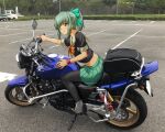  1girl akito_(sub707) black_footwear black_legwear bow brown_eyes eyebrows_visible_through_hair from_side green_bow green_hair green_skirt ground_vehicle hair_bow high_heels highres honda kantai_collection looking_at_viewer looking_to_the_side motor_vehicle motorcycle pantyhose photo_background pleated_skirt ponytail sailor_collar school_uniform serafuku short_sleeves skirt smile solo vehicle_request white_sailor_collar yuubari_(kantai_collection) 