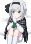  alternate_costume arm_rest bangs black_shawl blowing blue_eyes blush commentary cup eyebrows_visible_through_hair feet_out_of_frame hair_ribbon holding holding_cup hood hood_down hoodie knees_up konpaku_youmu konpaku_youmu_(ghost) leg_warmers looking_at_viewer o3o plaid_shawl ribbon short_hair shorts silver_hair simple_background sitting steam suzuno_naru touhou white_background white_hoodie white_shorts 