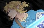  1boy artist_name bangs blonde_hair blue_eyes blue_shirt closed_mouth commentary_request earrings from_side hair_tie highres holding holding_shield holding_sword holding_weapon jewelry link male_focus mi_(mrm1117) pointy_ears ponytail profile shield shirt short_hair short_ponytail solo sweat sword the_legend_of_zelda the_legend_of_zelda:_breath_of_the_wild tunic upper_body weapon 