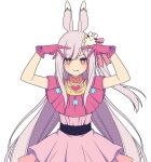  1girl :p animal_ears arms_up commentary_request cosplay dress gloves grey_hair heart hitsuki_rei hoshino_ai_(oshi_no_ko) hoshino_ai_(oshi_no_ko)_(cosplay) indie_virtual_youtuber long_hair nica_wolper one_side_up oshi_no_ko pink_dress pink_gloves rabbit_ears red_eyes simple_background solo star_(symbol) symbol-shaped_pupils tongue tongue_out very_long_hair virtual_youtuber white_background 